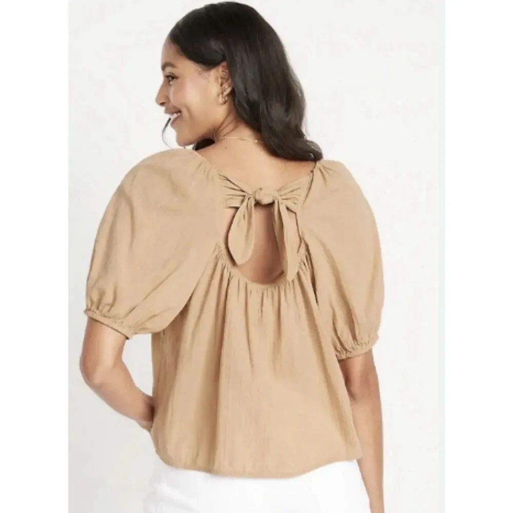 Old Navy Puff Sleeve Cutout Tie Back Swing Blouse Tan L Tall Boxy Boho Neutral